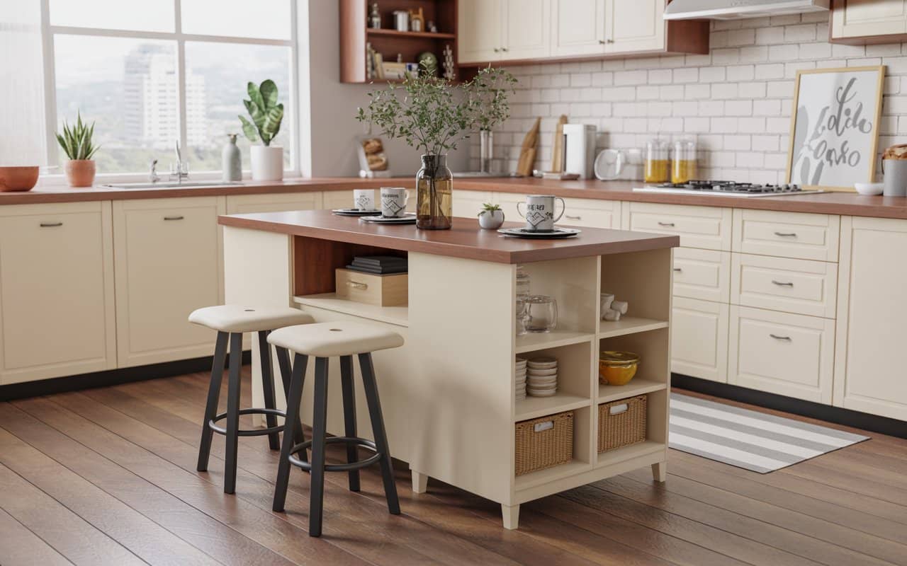 Multi-functional kitchen table with built-in storage, stools, stylish kitchen decor, bright Pinterest-friendly setup.