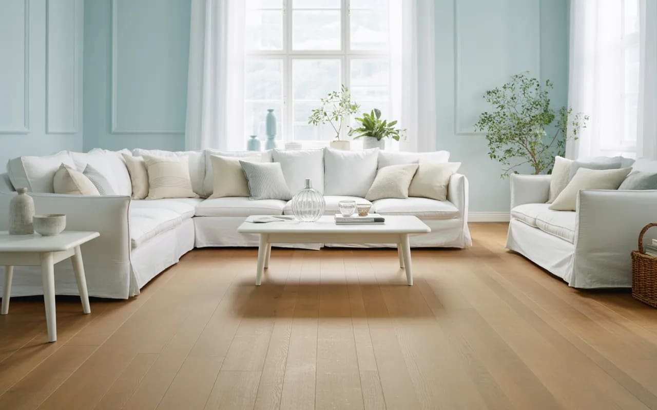 Living room with soft pastel blue walls, white furniture, light wood flooring, and airy décor