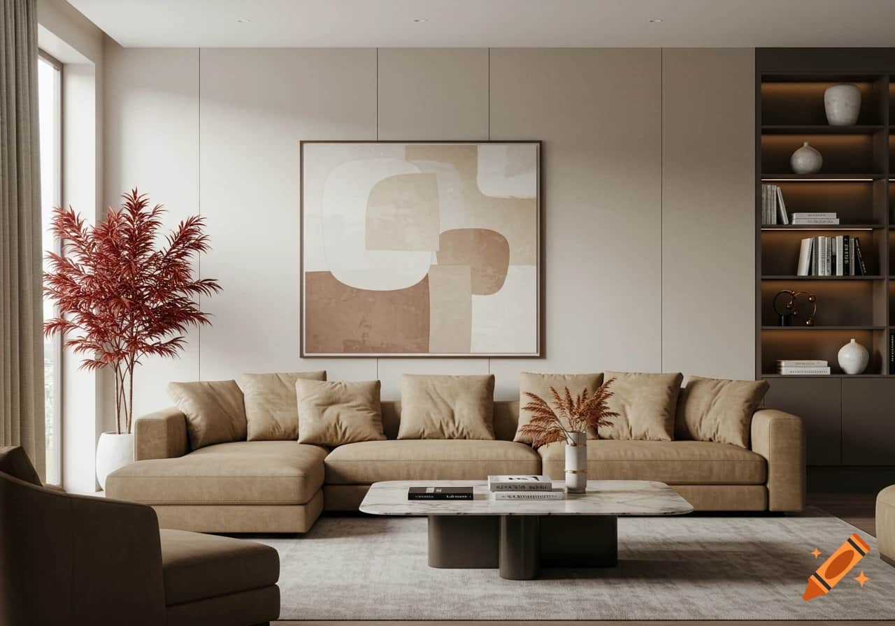 Balanced living room showing cozy textures with clean minimalist layout.