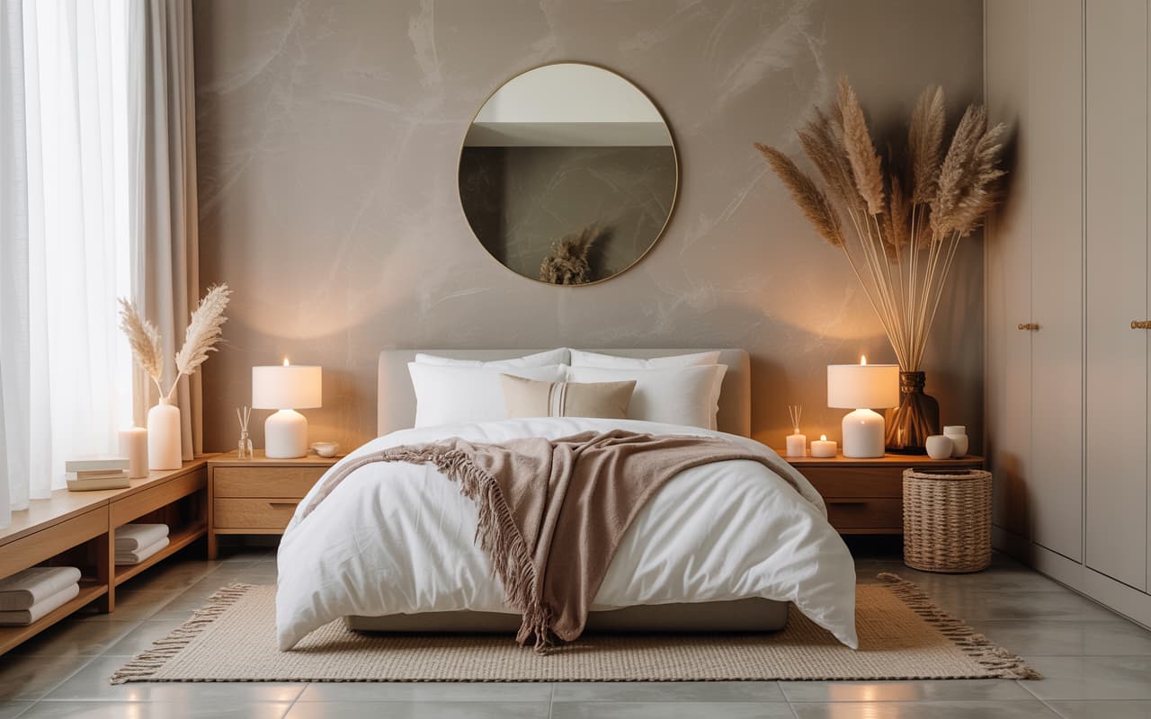 Luxury bedroom decor, soft bedding, warm lighting, Pinterest style