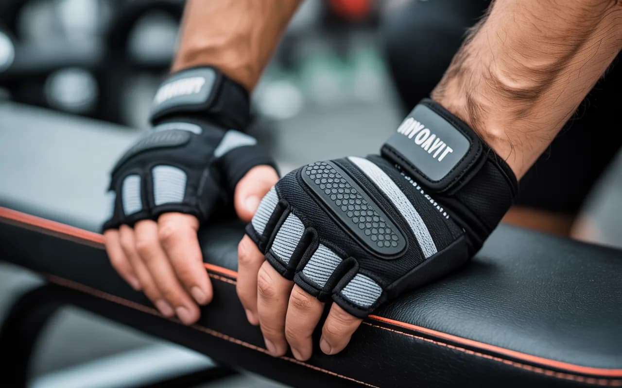 "Close-up of a pair of stylish gym gloves with breathable and sweat-resistant materials on a workout bench"