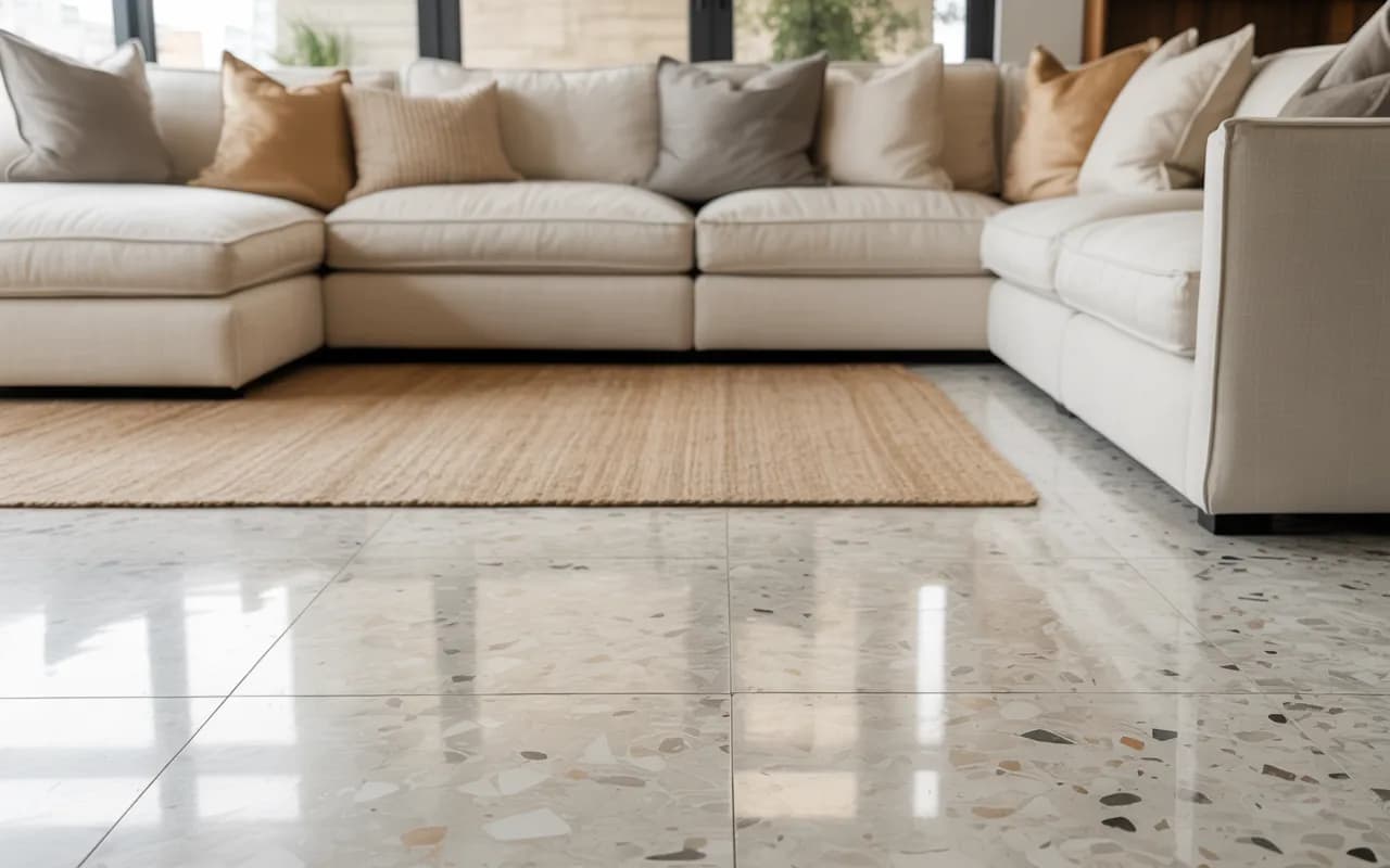 Terrazzo living room with a large neutral rug under a sofa set.