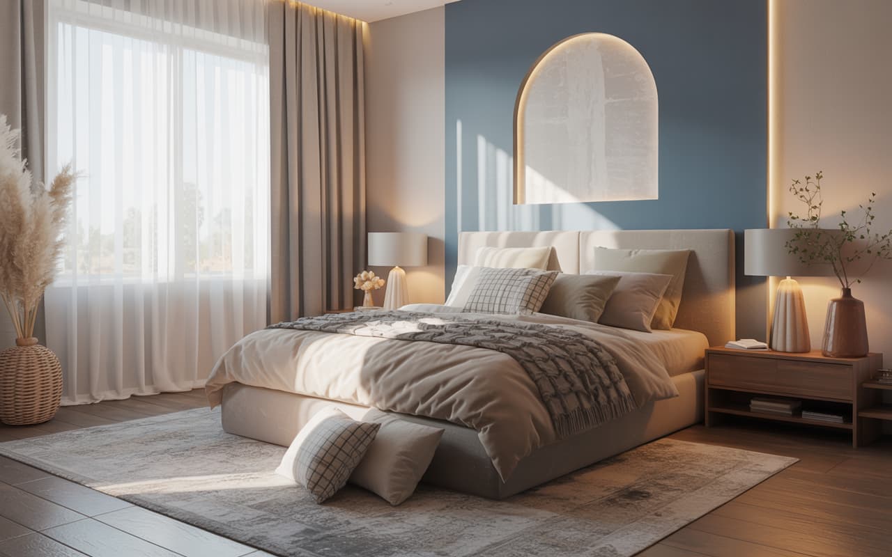 Modern bedroom with a bold blue statement wall, neutral bedding, soft lighting, cozy and Pinterest-style interior