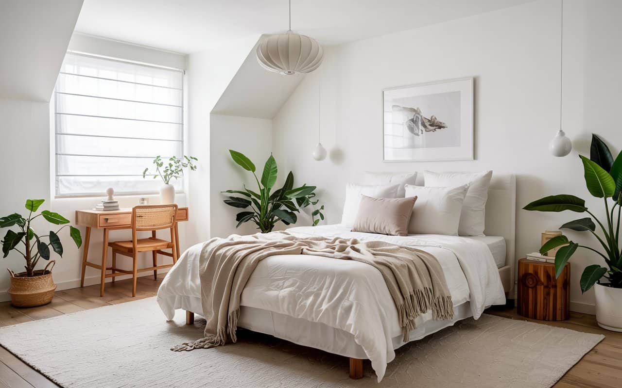 “White minimalist bedroom with open layout, simple furniture, uncluttered space, neutral tones, bright airy interior, Pinterest aesthetic.”