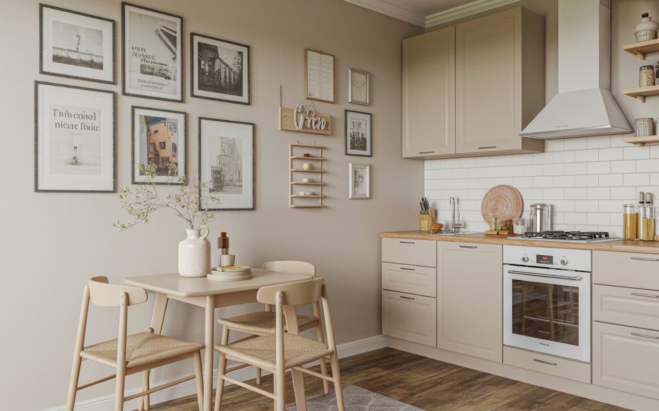 Kitchen with gallery wall of framed prints, small wooden dining nook, neutral colors, cozy and Pinterest-inspired interior
