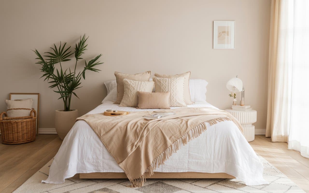 A neatly made bed with white and beige bedding, minimal and cozy bedroom decor, natural light