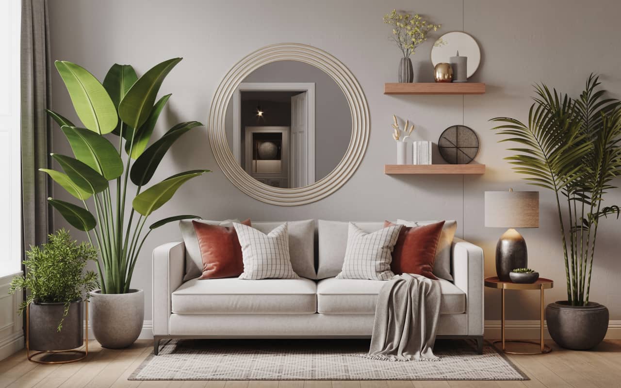 Cozy sofa with accent pillows and throw, luxury home decor style