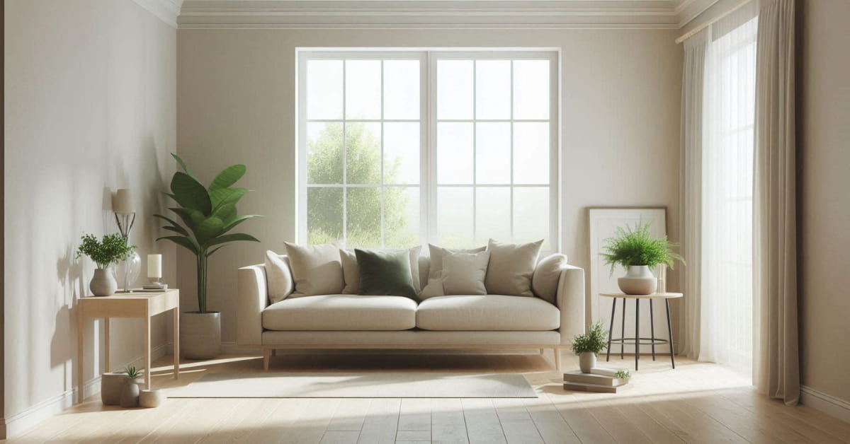 Minimalist living room with beige sofa and subtle green accents, modern and clean design