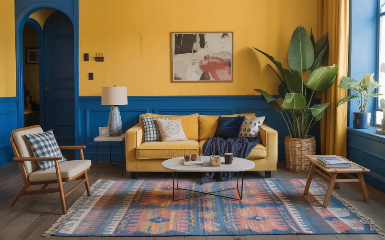 Yellow and blue living room with layered rugs, cushions, and throws, cozy and stylish Pinterest-inspired interior