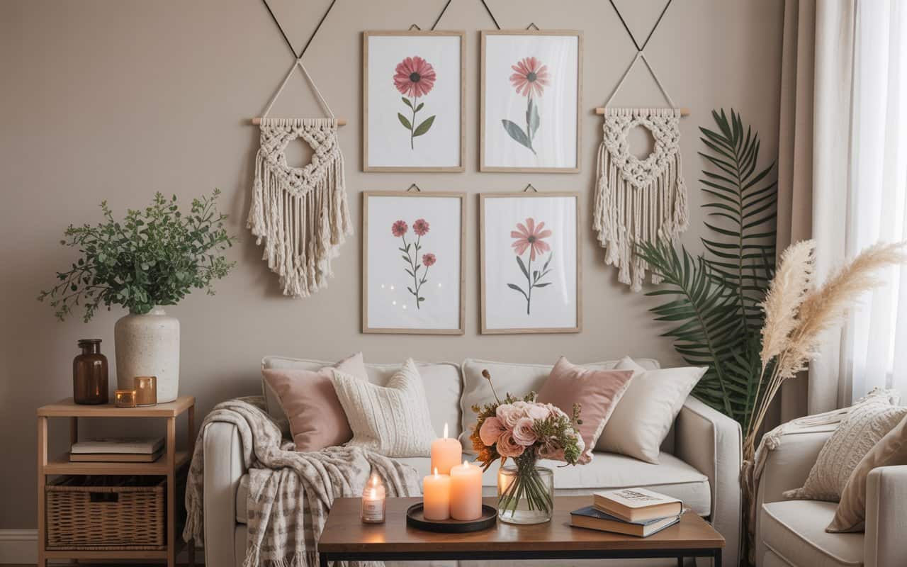 Image Prompt: DIY flower wall art with pressed flowers in frames, modern neutral wall, aesthetic Pinterest home decor Image Prompt: Aesthetic coffee table with DIY floral centerpiece, candles, books, soft neutral decor, Pinterest style Image Prompt: Boho hanging flower decor with macramé, soft natural tones, cozy corner, Pinterest aesthetic home