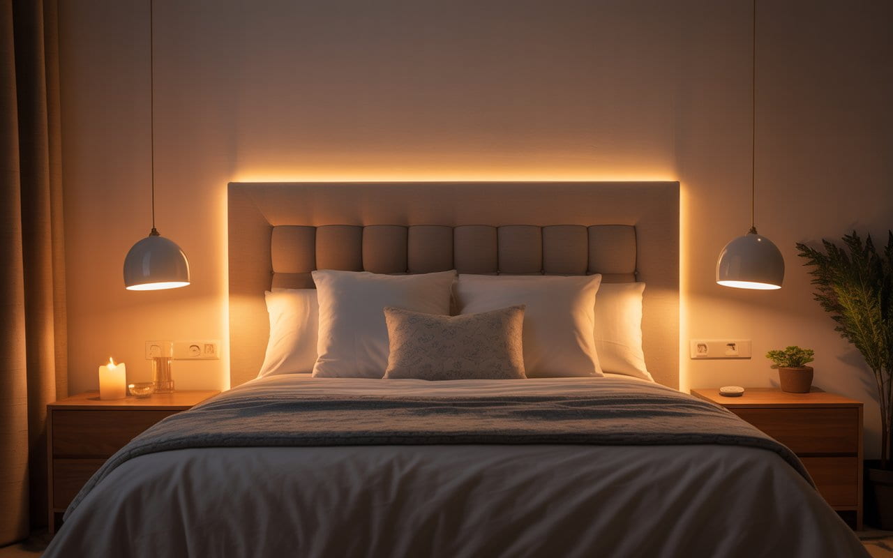 A bedroom at night. No overhead lights are on. Instead, two warm bedside lamps, a soft LED strip behind the headboard, and a glowing candle on the dresser create a magical, golden atmosphere.
