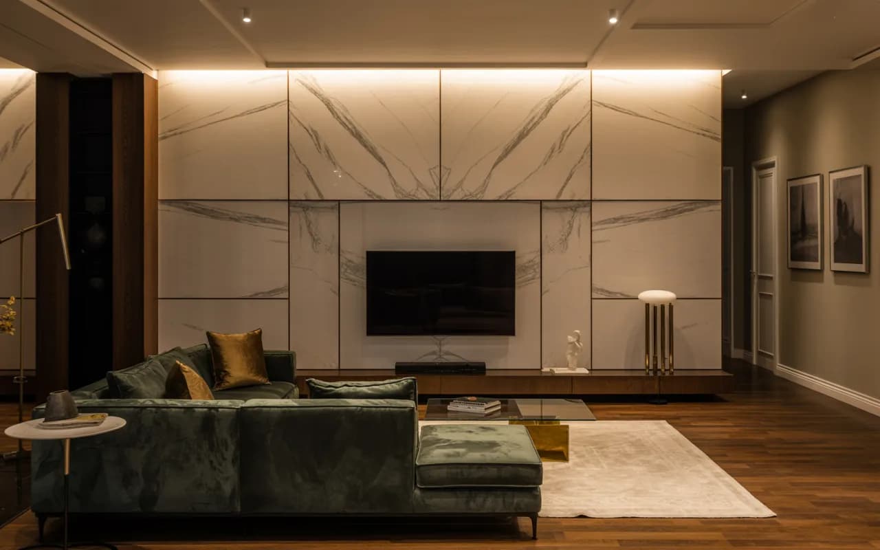 Luxury living room TV wall with marble panels, subtle LED lighting, elegant sofa set, modern decor, cozy sophisticated interior."