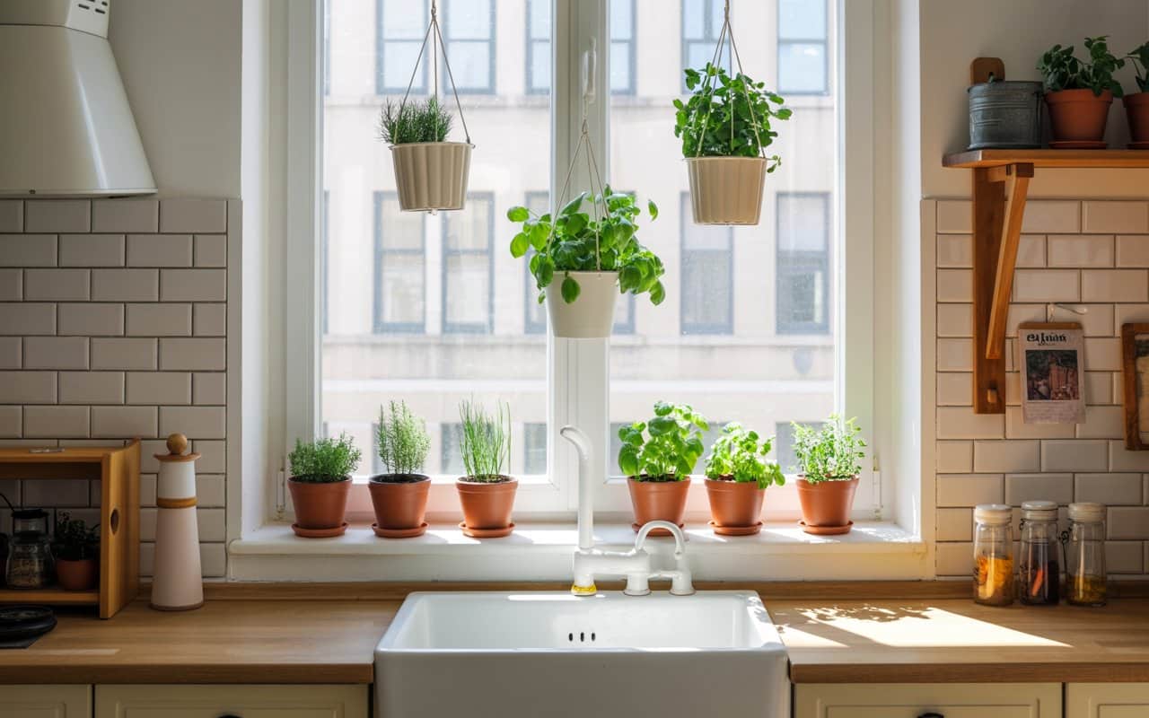 Bright kitchen with small potted herbs on windowsill, hanging planters, wooden countertop, sunlit interior, cozy and fresh vibe