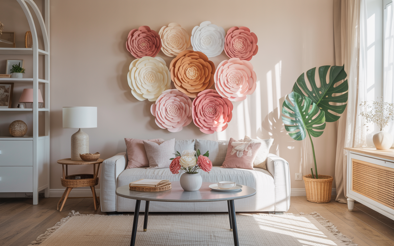 DIY paper flower wall decor in soft pastel colors, modern aesthetic room, minimal furniture, Pinterest home decor style