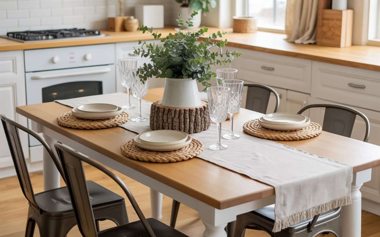 Wooden kitchen table with metal chairs, linen runner, layered placemats, and textured decor, Pinterest-style.