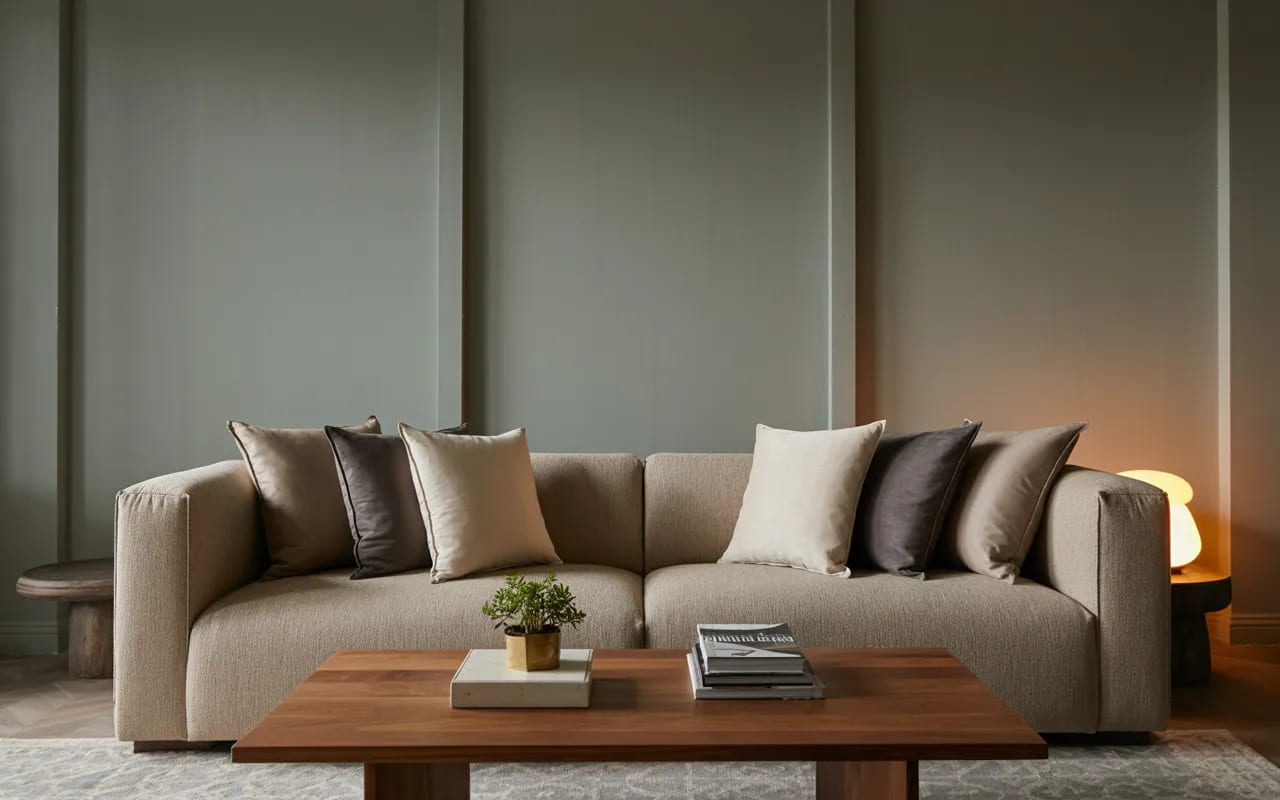 Living room with grey walls, wooden coffee table, neutral sofa, and coordinated décor