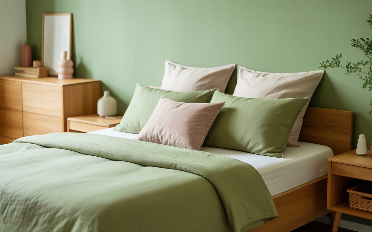 Bedroom with forest green accent wall, white bed, wooden furniture, neutral décor, modern cozy interior, Pinterest-style photo.”