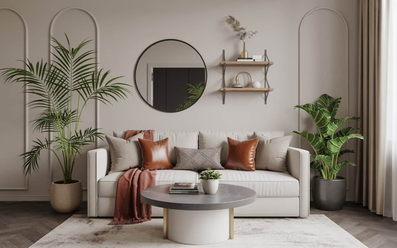 Minimal floating shelves with decor, modern luxury interior