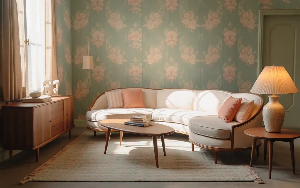 1950s inspired living room featuring pastel vintage wallpaper, soft color palette, wooden furniture, cozy seating, natural light, realistic photography style.