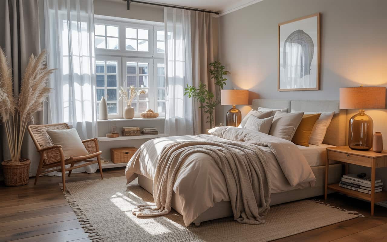 Bedroom with floor-length sheer curtains, sunlight streaming, cozy Pinterest aesthetic