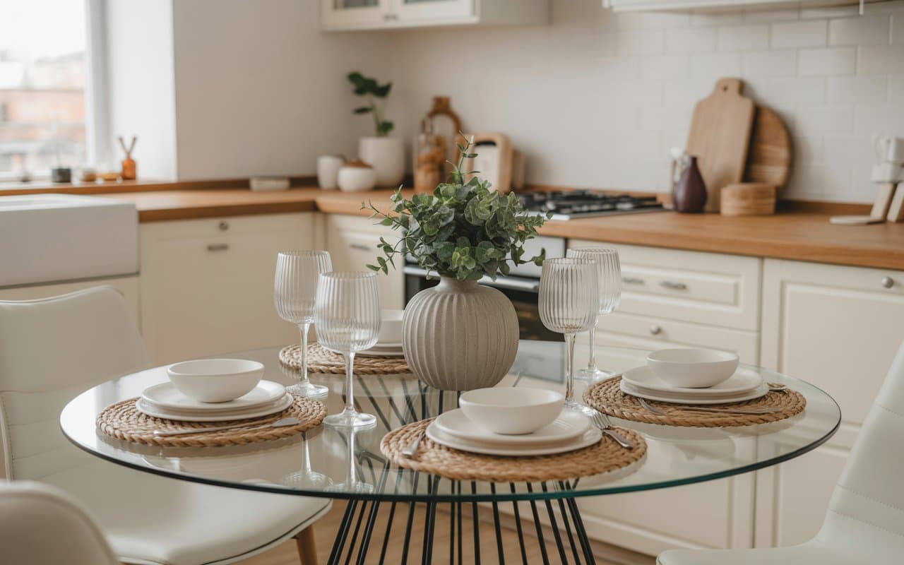 Elegant glass kitchen table with metal legs, minimalist centerpiece, bright kitchen background, Pinterest aesthetic.