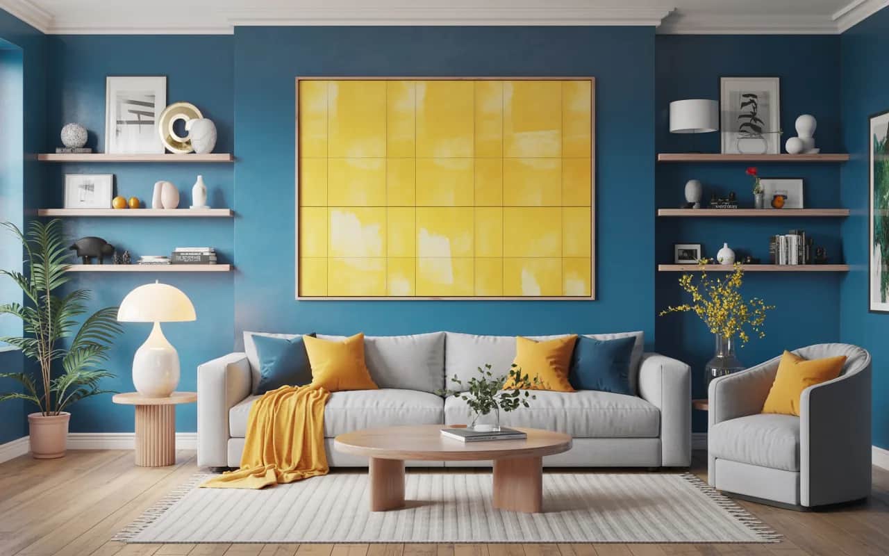 Living room with blue walls, large yellow abstract wall art, shelves with small décor items, bright stylish Pinterest-ready interior
