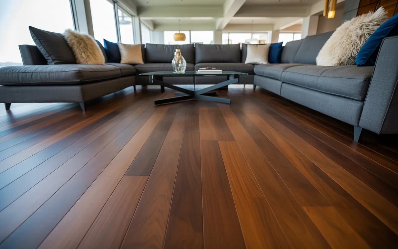 Spacious living room with dark wood flooring and sectional sofa.