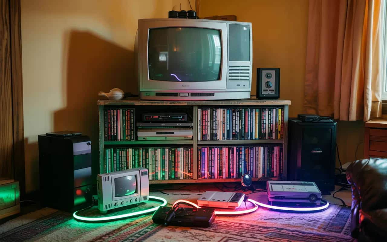 “2000s living room entertainment corner with retro gaming consoles, early flat-screen TV, DVD shelves, neon LED lights”