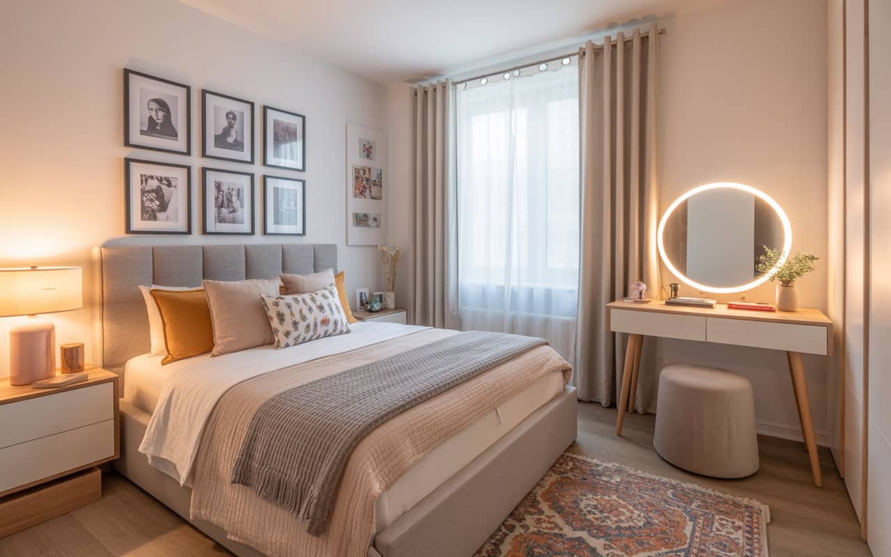 Small bedroom with a chic vanity table, round mirror, cozy lighting, Pinterest-inspired decor