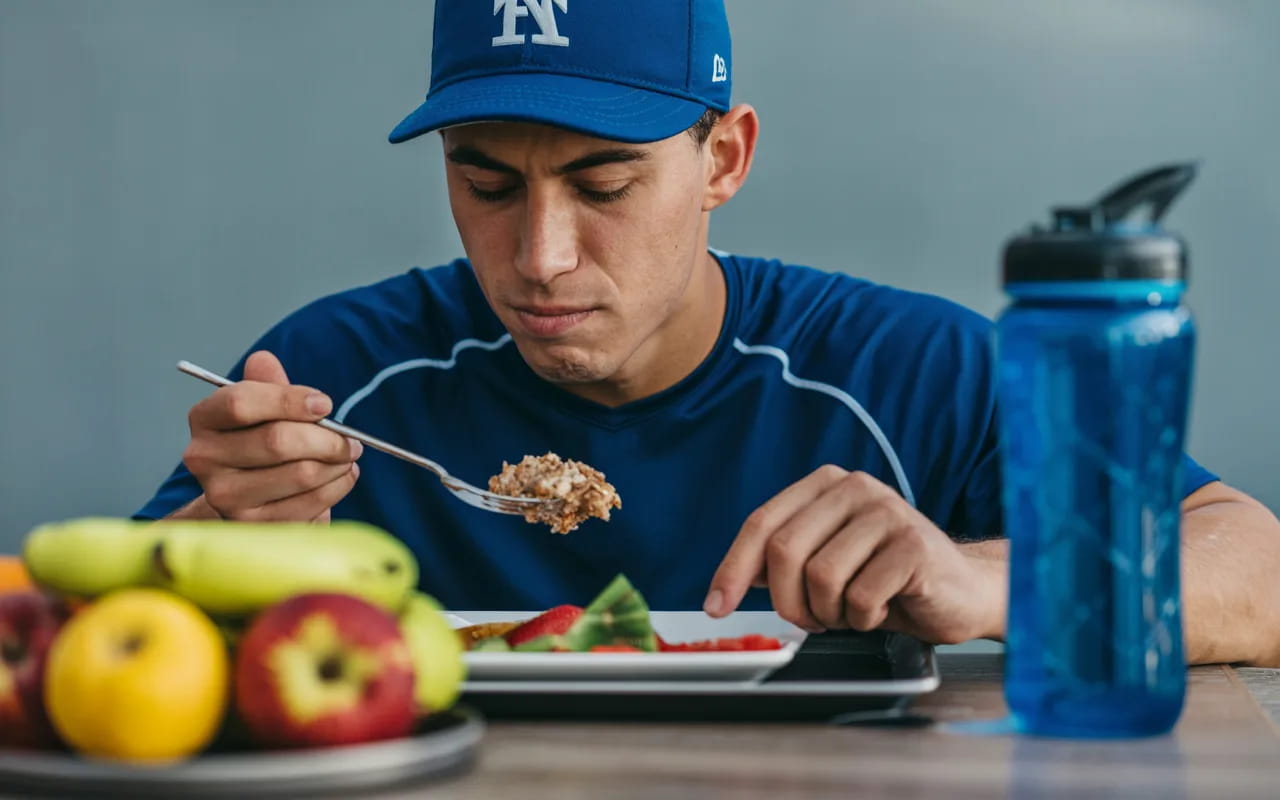 Close-up of baseball player eating protein-rich meal, with fruits and hydration drink nearby, emphasizing athletic diet.