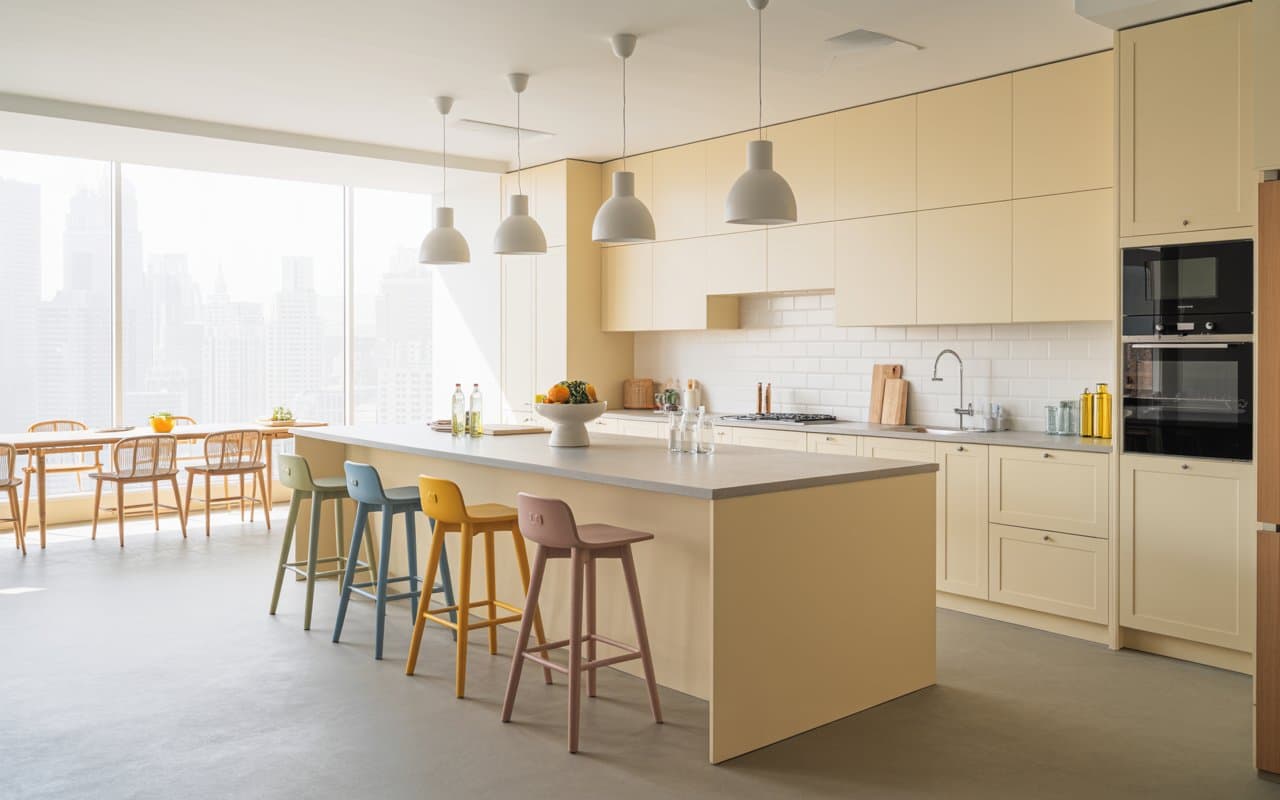 Modern kitchen with central island, colorful bar stools, hanging pendant lights, bright and spacious interior