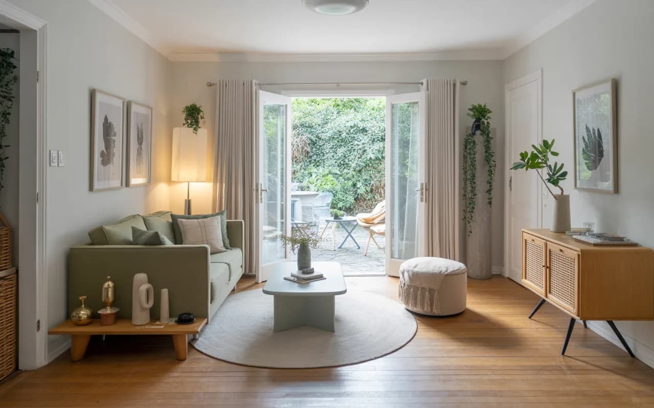 Small living room with a compact sofa, coffee table, ottoman with storage, and glass garden doors leading to greenery.