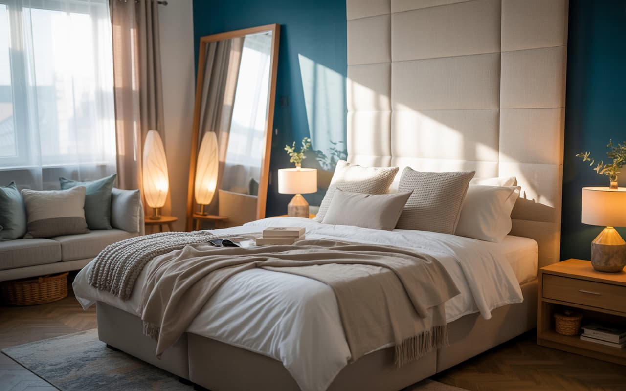 Bedroom with layered bedding, cushions, textured throws, soft rug, warm ambient lighting, aesthetic cozy style