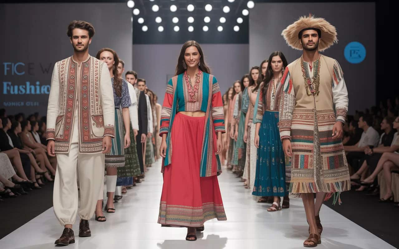 International fashion runway featuring models wearing modern folklore fashion, fusion ethnic wear, dramatic runway lighting