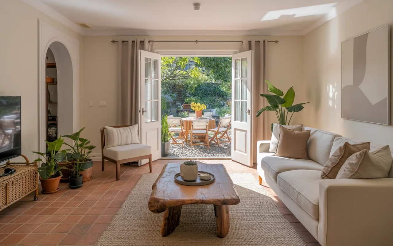 Living room with beige sofa, natural wood coffee table, double doors leading to garden patio with outdoor seating and potted plants.