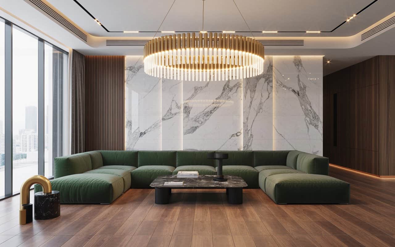 Modern luxurious living room with marble accents, velvet sofa, and statement lighting