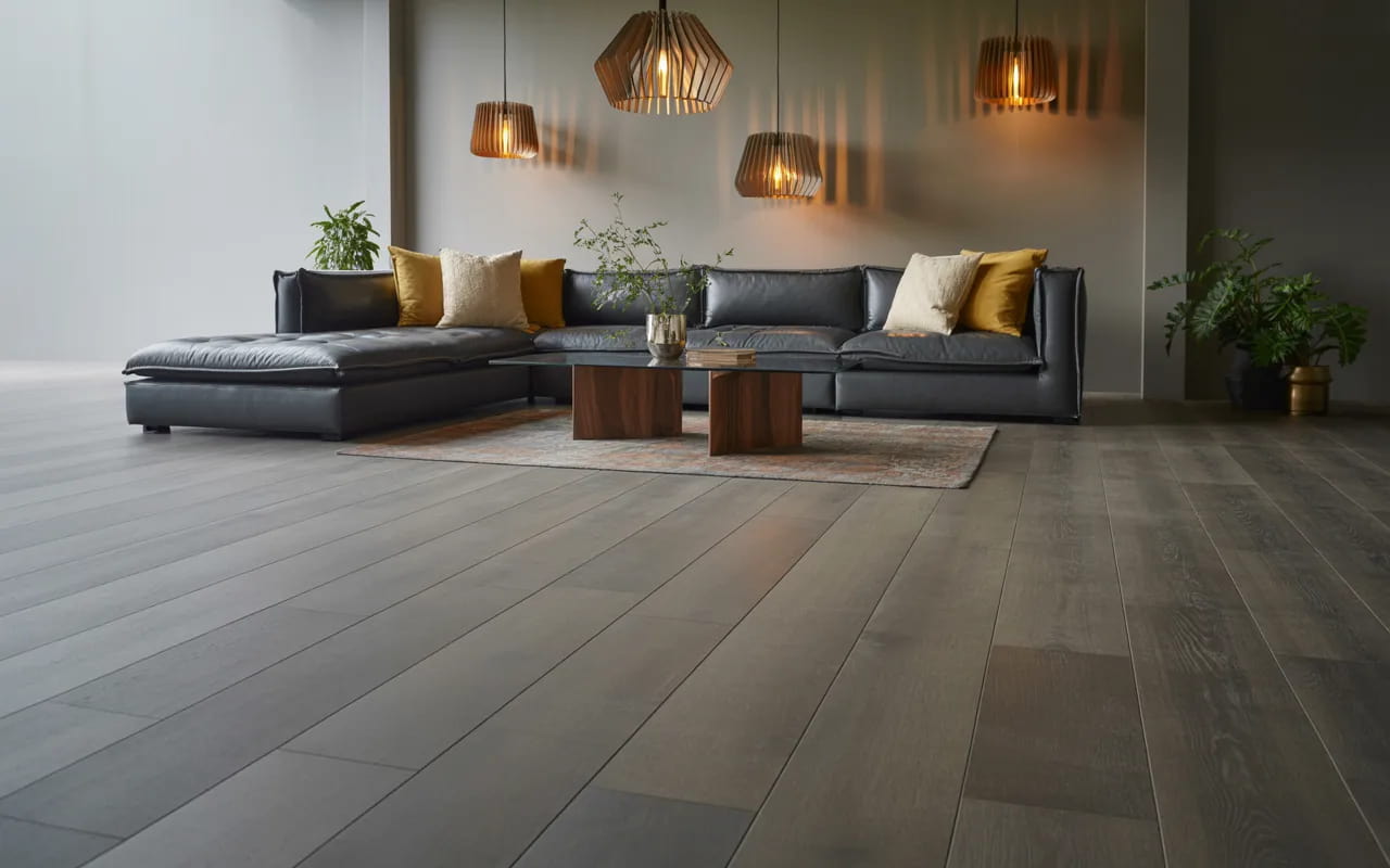 Grey flooring living room with warm lighting and stylish pendant lamps.