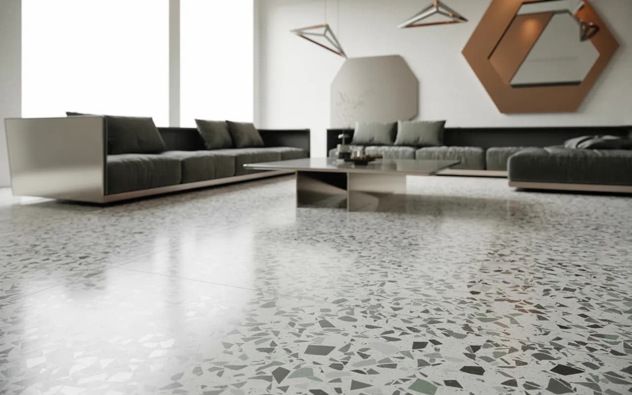 Terrazzo living room with modern metal furniture and geometric decor.