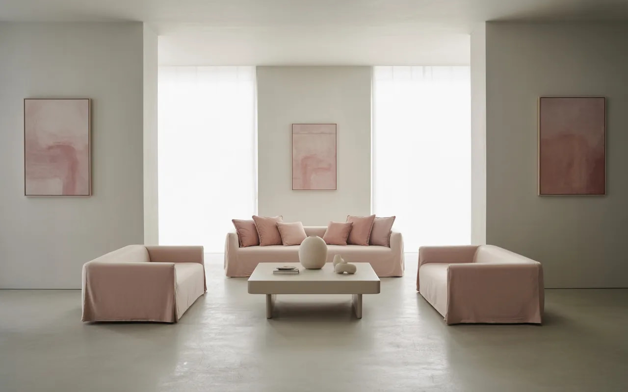 Living room with light grey walls, pink accents in artwork and cushions, modern minimalist design