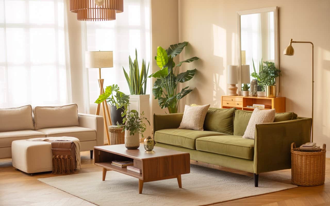 “Living room with neutral sofa, storage ottoman, wooden coffee table, bright airy interior, cozy modern décor, Pinterest-style photo.”