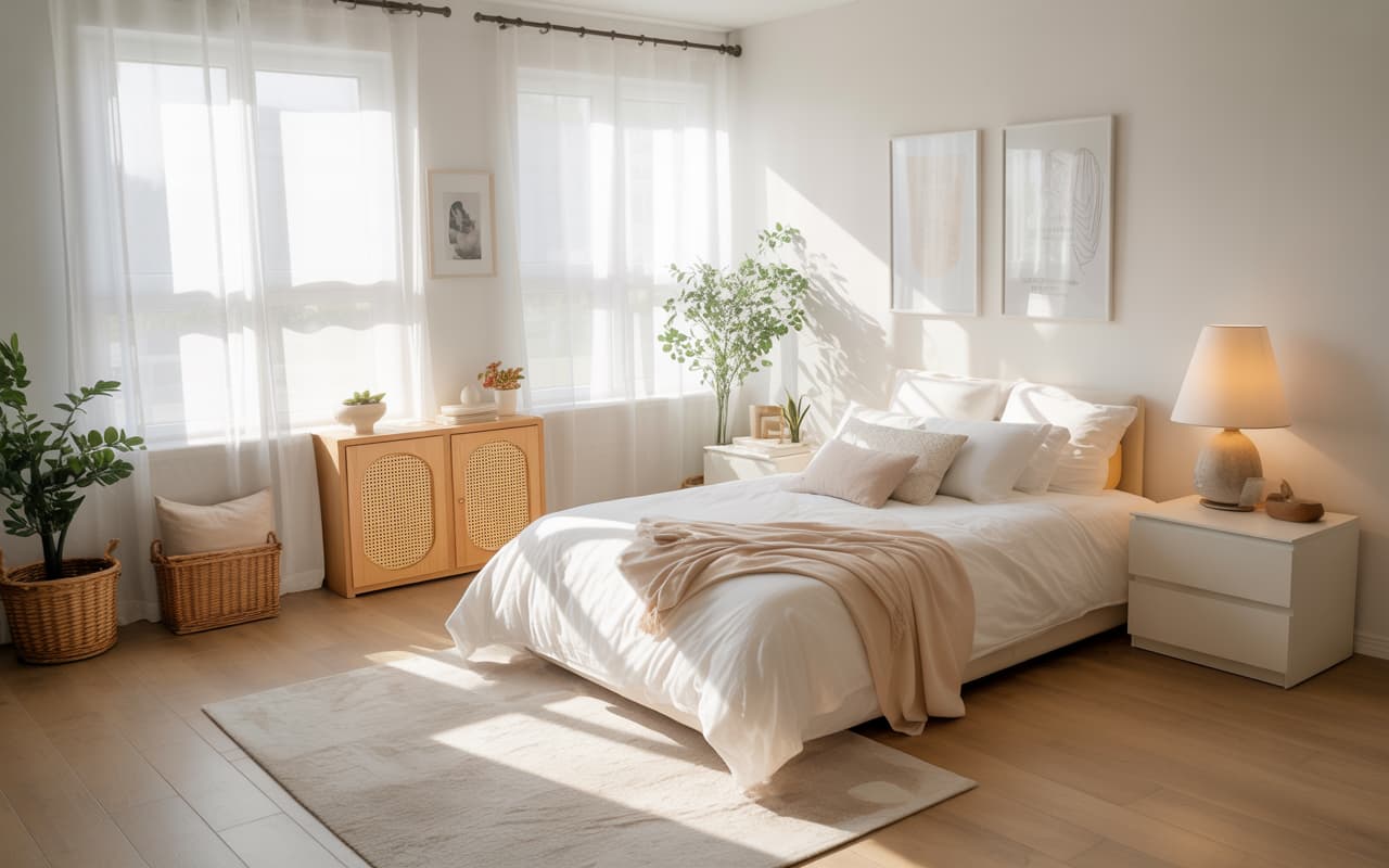 A bright bedroom with sheer white curtains, soft sunlight, cozy and aesthetic decor