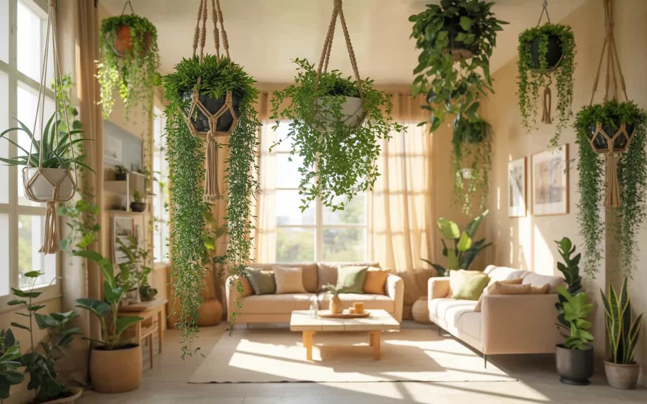 Living room with hanging plants, window sunlight, airy interior, fresh green tones