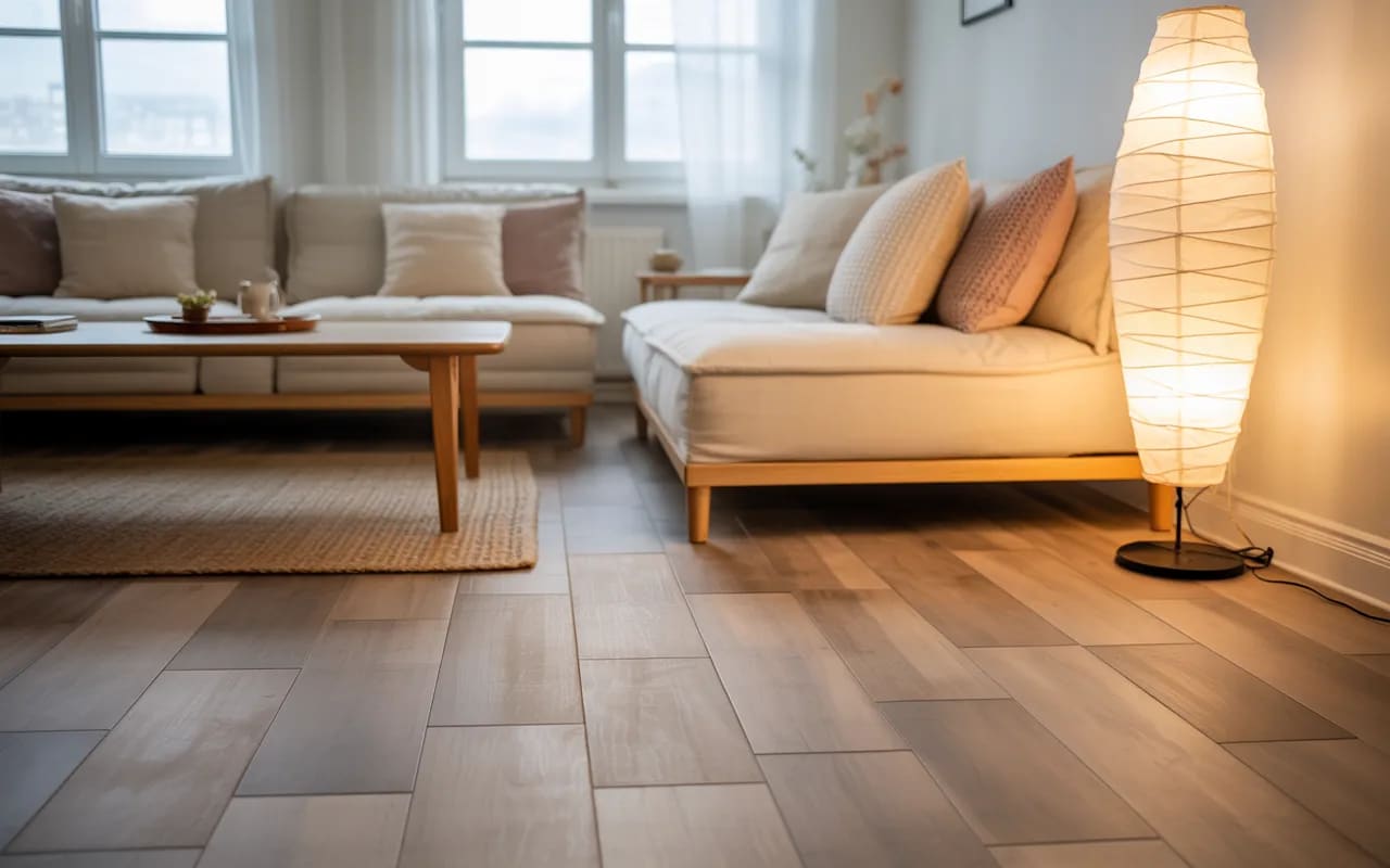 Small apartment living room with light grey wooden flooring and soft neutral furniture.