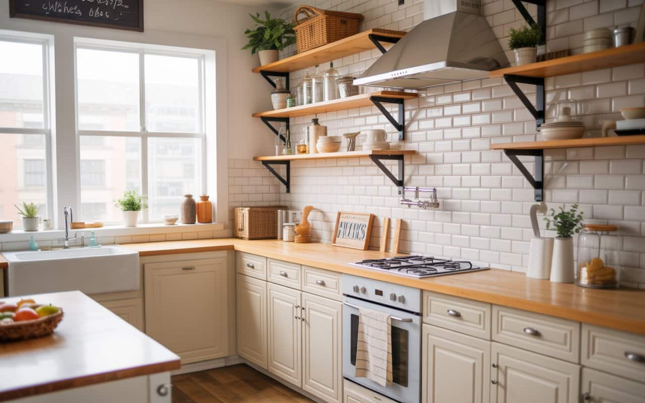 Farmhouse kitchen with white subway tile backsplash, wooden accents, rustic shelves, cozy lighting, Pinterest aesthetic.