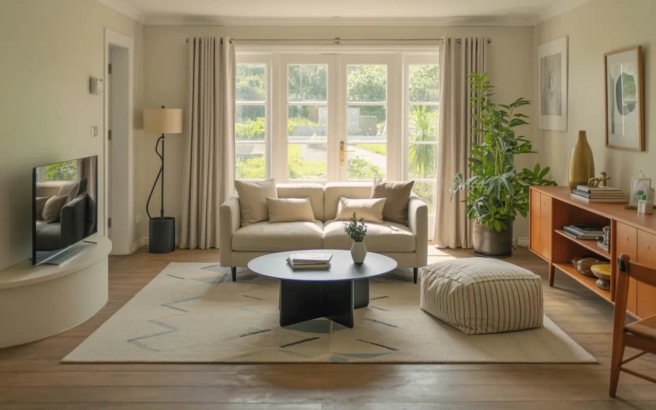 Small living room with compact sofa, low ottoman, coffee table, and garden doors in the background showing greenery.