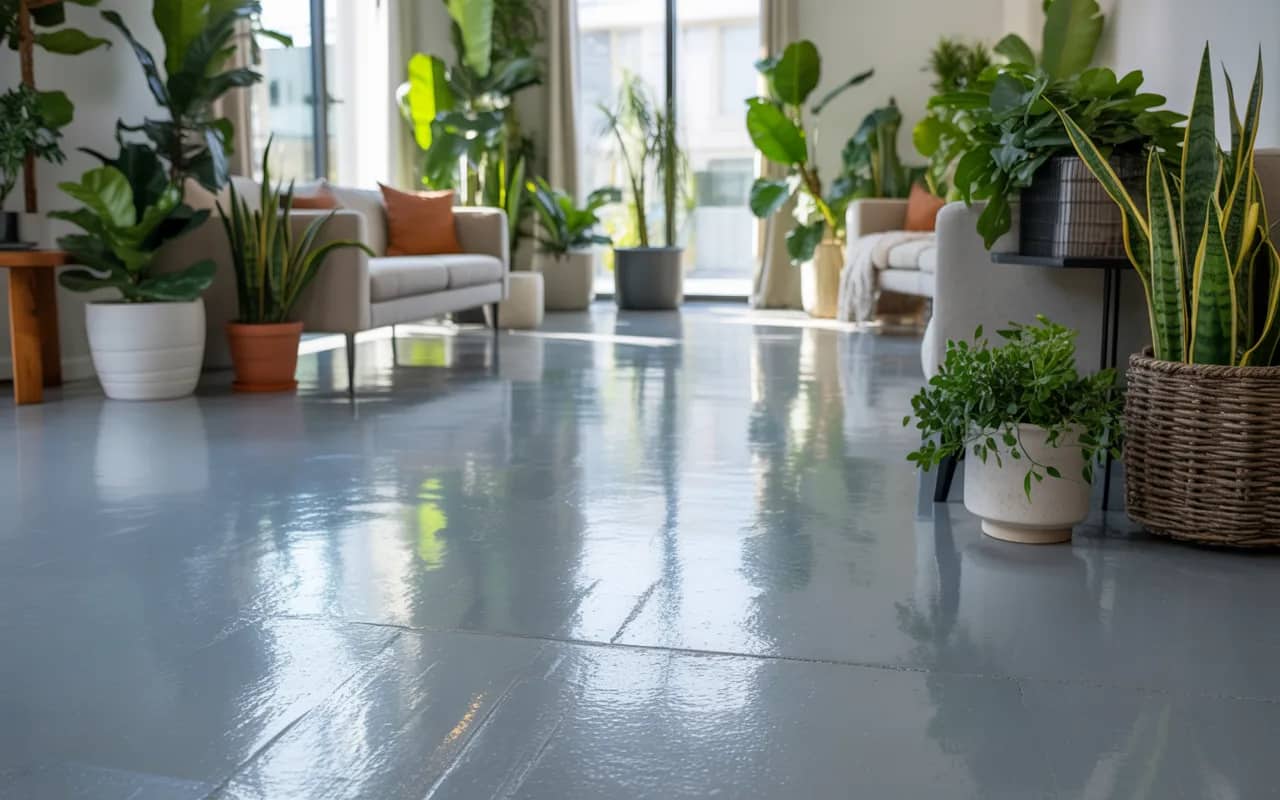 Grey flooring living room with potted indoor plants and greenery accents.