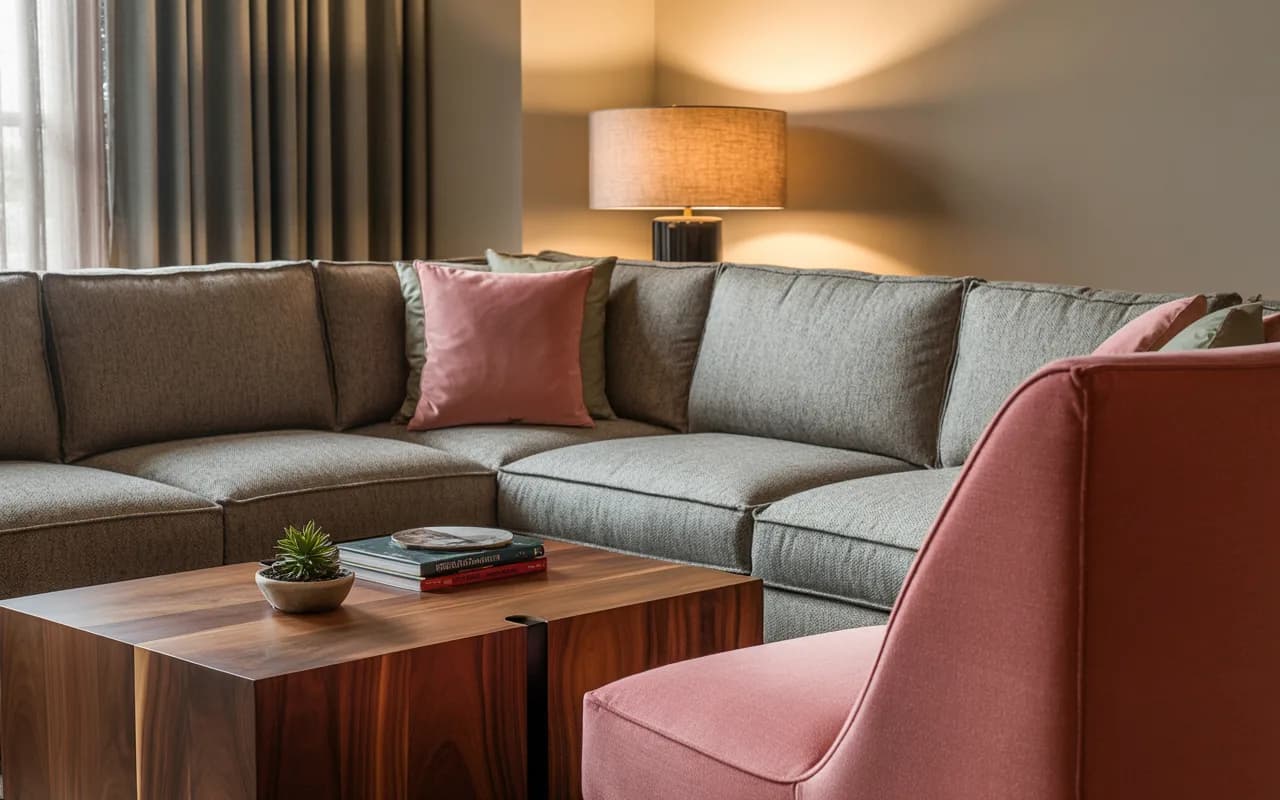 Living room with grey sectional sofa, pink armchair, wooden coffee table, and soft lighting