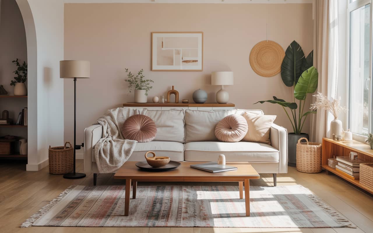 “Living room with gray sofa, soft cushions, pastel walls, wooden coffee table, bright natural light, cozy modern interior, Pinterest-style photo.”