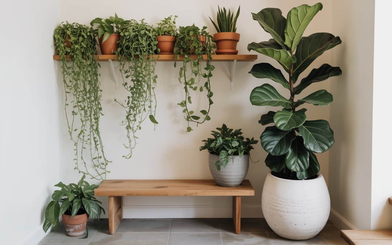 An indoor urban jungle corner. A tall Fiddle Leaf Fig in a large white ceramic pot stands next to a wooden bench. Several smaller terracotta pots with trailing Pothos plants sit on shelves above.