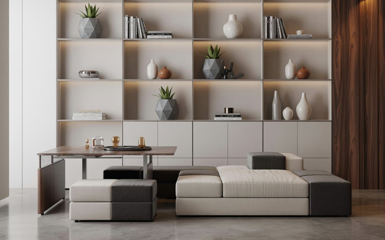 Compact modern apartment with multi-functional furniture and stylish décor